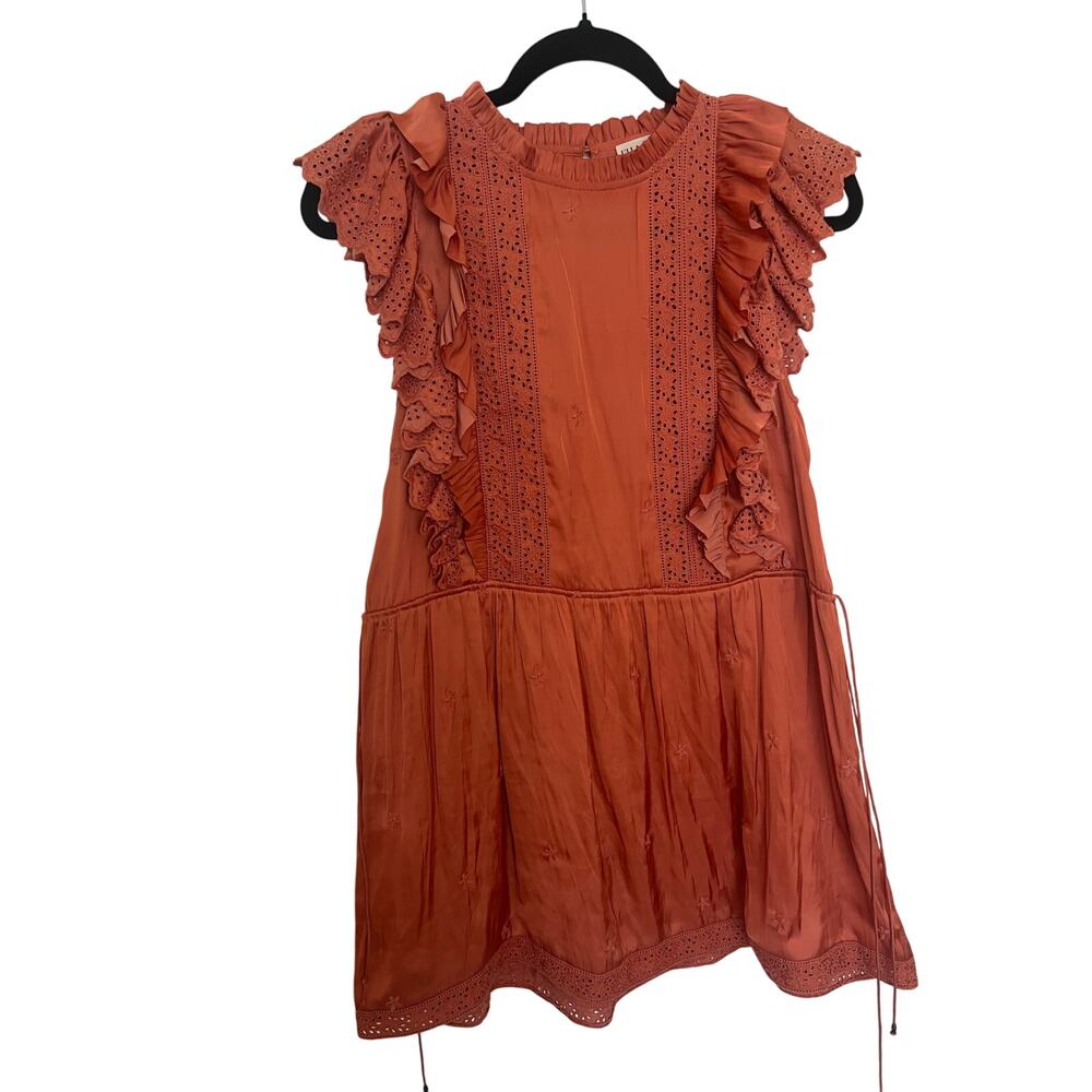 Ulla Johnson Rust Ruffle Eyelet Mini Dress, Flutter Sleeves, Boho Romantic